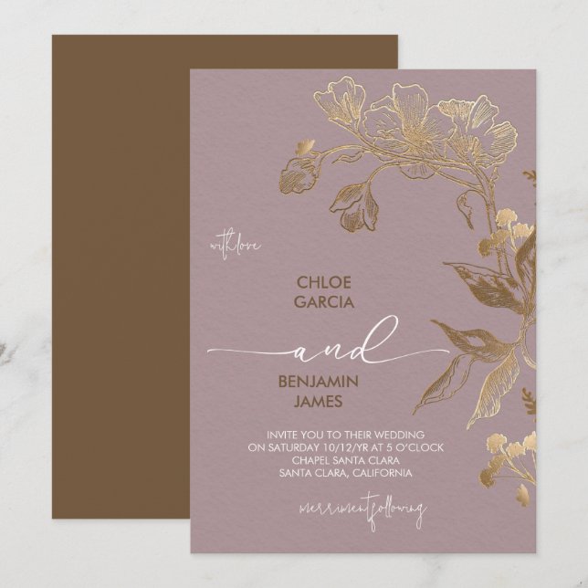 Invitation Elégant Mariage d'orchidée dorée (Devant / Derrière)