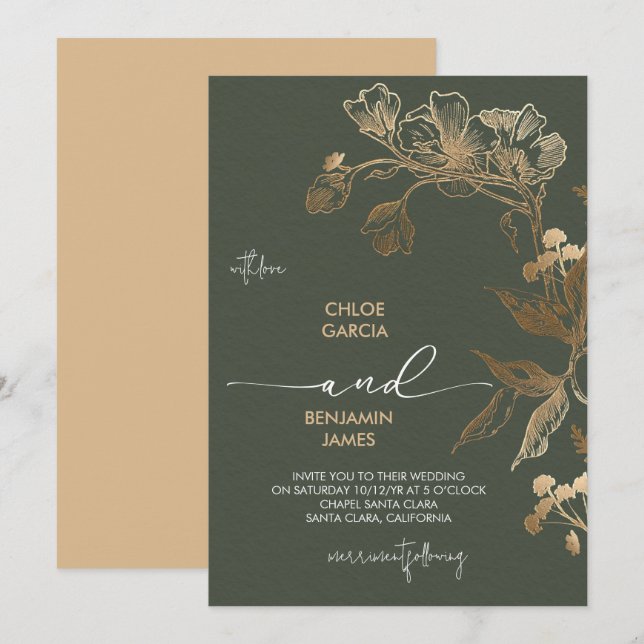 Invitation Elégant Mariage d'orchidée dorée (Devant / Derrière)