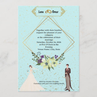 Invitation Élégant Mariage Doré Feuille Géométrique Bleu Pous