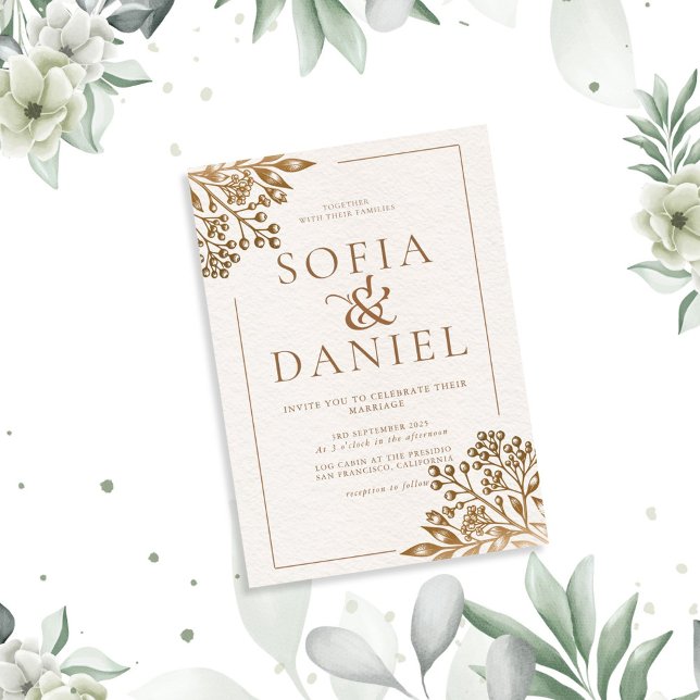 Invitation Elégant Mariage doré fleuri beige (Créateur téléchargé)
