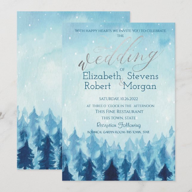 Invitation Élégant Mariage élégant de la forêt bleue Pine Tre (Devant / Derrière)