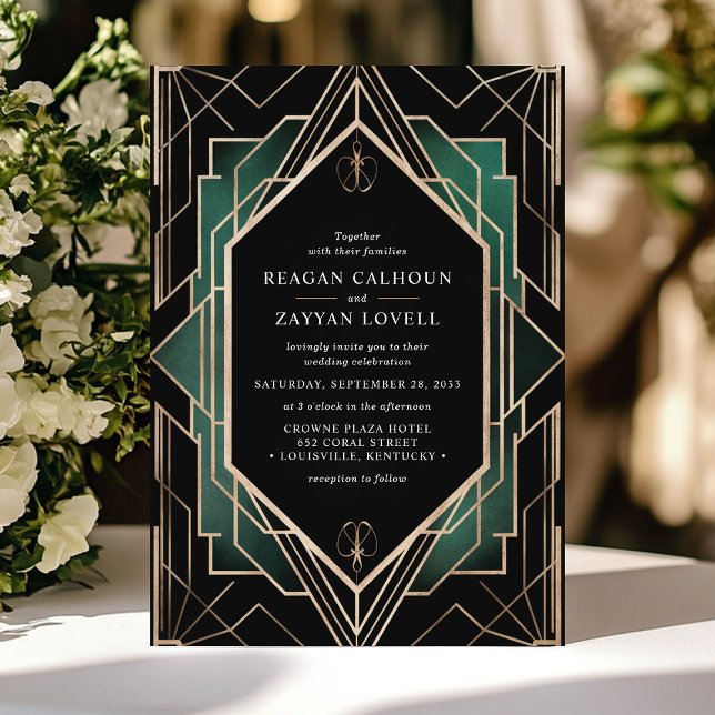 Invitation Élégant Mariage Emerald Art Déco Noir et Or (Créateur téléchargé)