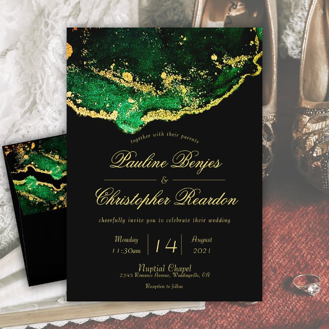 Invitation Élégant Mariage en or noir vert bijou (Elegant Jewel-Tone Green Black Gold Wedding Invitation)