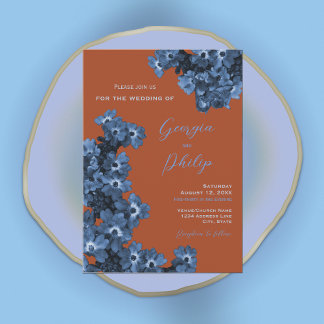 Invitation Élégant Mariage en terre cuite et fleurs bleues