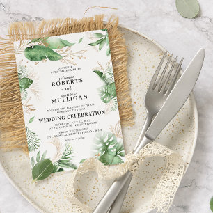 Invitation Élégant Mariage Été Tropical Vert & Or à