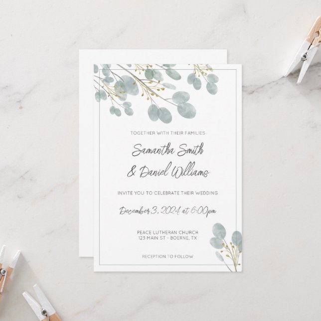 Invitation Elégant Mariage Eucalyptus aquarelle (Devant/Arrière en situation)