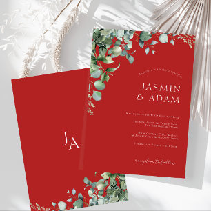 Invitation Élégant mariage festif d'eucalyptus verdure rouge