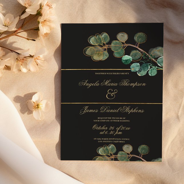 Invitation Élégant mariage feuille d'eucalyptus vert or noir (Elegant black gold green eucalyptus leaves wedding)