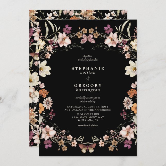 Invitation Élégant Mariage Fleur sauvage noir (Devant / Derrière)