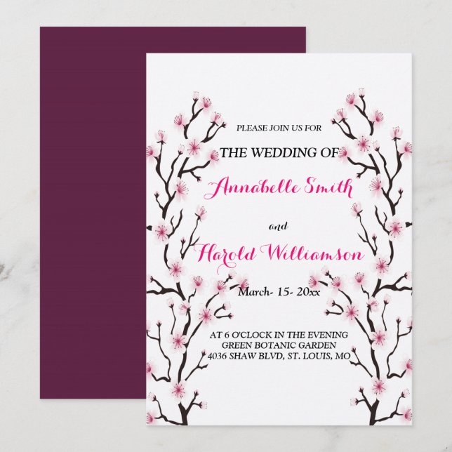 Invitation Élégant Mariage fleuri rose cerisier (Devant / Derrière)
