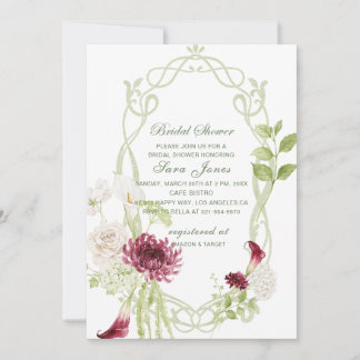 Invitation Élégant mariage fleurs bordeaux vert aquarelle mod