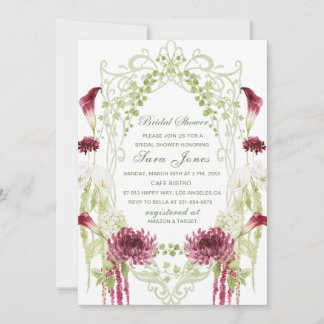 Invitation Élégant mariage fleurs bordeaux vert aquarelle mod