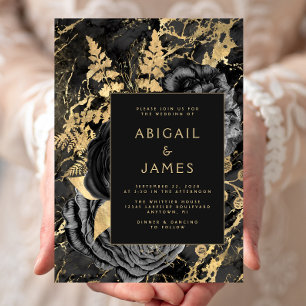 Invitation Élégant Mariage Fleurs Noir Marbre Or