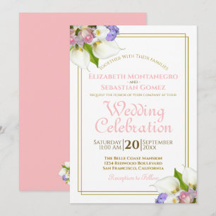 Invitation Élégant Mariage Fleurs Pastel Or et Rose