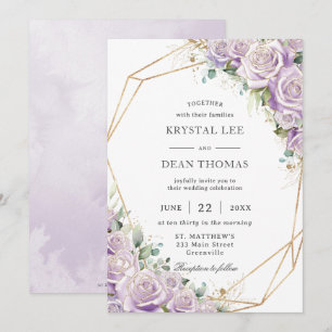 Invitation Élégant Mariage Fleurs Violettes Lilas Géométrique