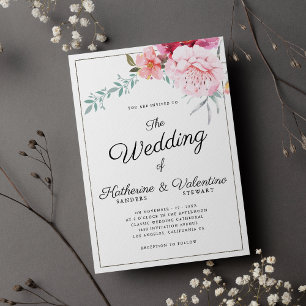Invitation Élégant mariage floral à écriture de menthe rose