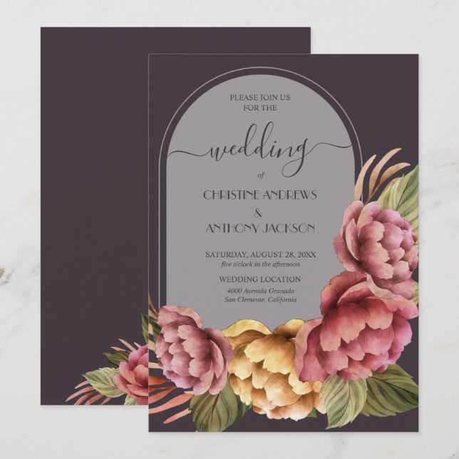 Invitation Elégant Mariage floral aquarelle (Devant / Derrière)