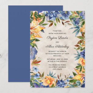 Invitation Élégant mariage floral aquarelle bleu orange 
