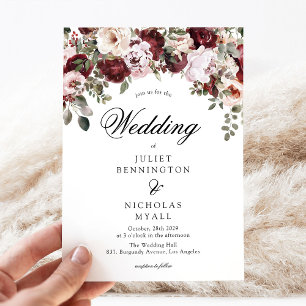 Invitation Élégant mariage floral aquarelle bordeaux et rose