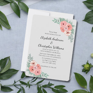 Invitation Élégant mariage floral aquarelle rose et gris