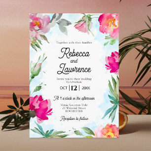 Invitation Élégant mariage floral aquarelle rose vif