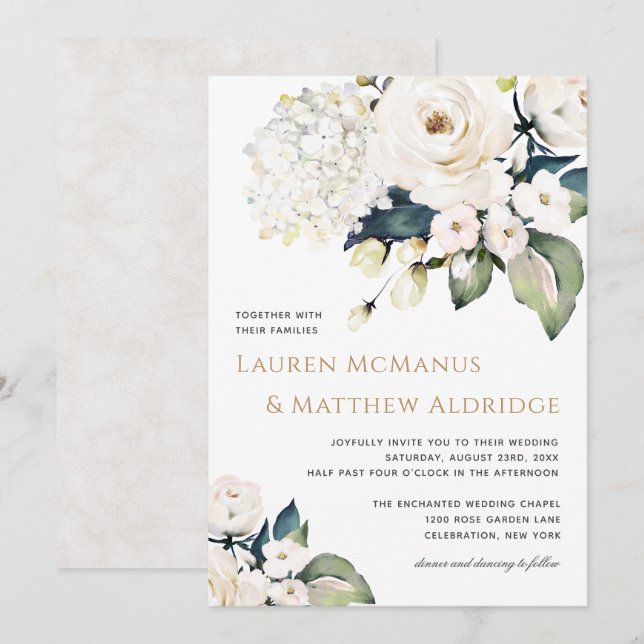 Invitation Elégant Mariage floral blanc aquarelle (Devant / Derrière)