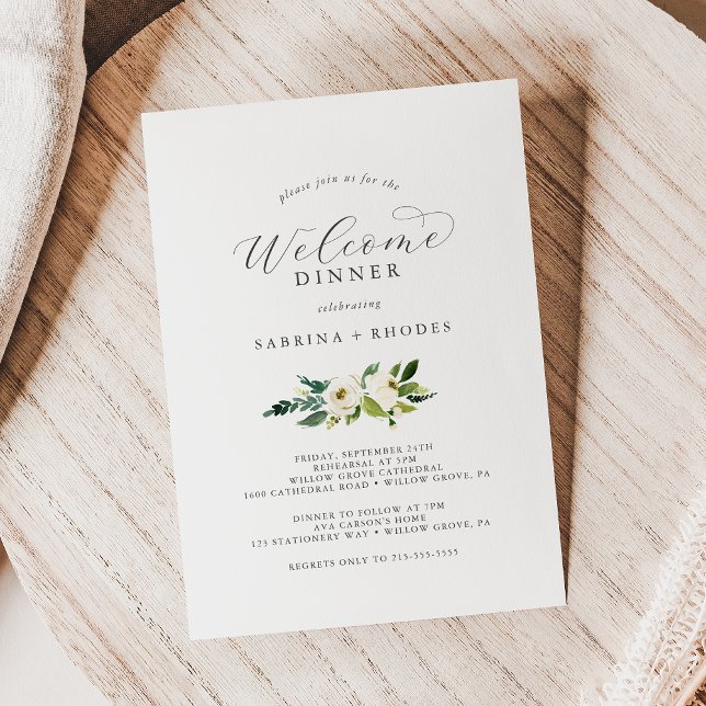 Invitation Élégant Mariage Floral Blanc Bienvenue Dîner (Créateur téléchargé)