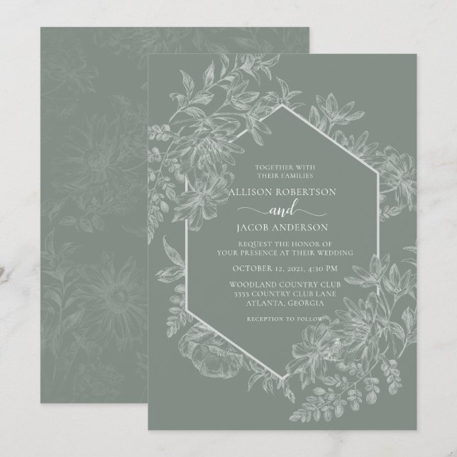 Invitation Élégant Mariage floral blanc blanc vert Sage (Devant / Derrière)
