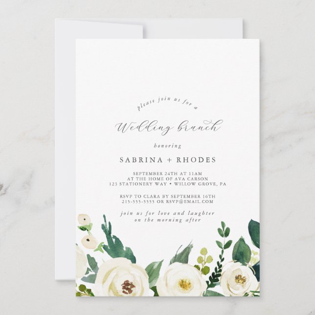Invitation Elégant Mariage Floral Blanc Brunch (Devant)