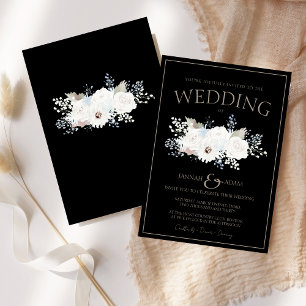 Invitation Élégant Mariage Floral Blanc Hiver Noir