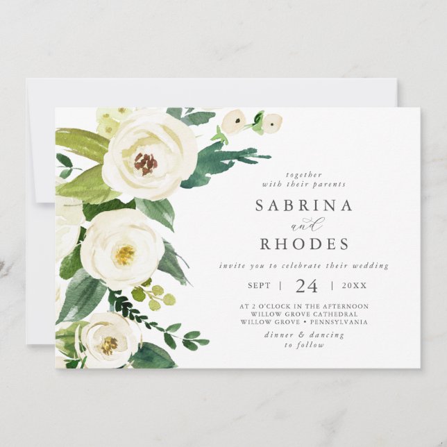 Invitation Élégant Mariage floral blanc horizontal (Devant)
