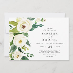 Invitation Élégant Mariage floral blanc horizontal