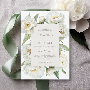 Invitation Élégant mariage floral blanc pivoine et vert sauge