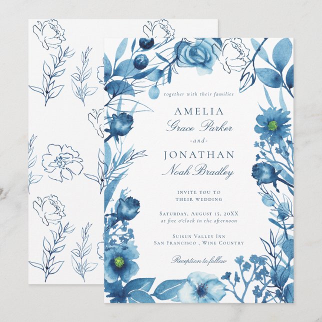 Invitation Élégant Mariage floral bleu (Devant / Derrière)
