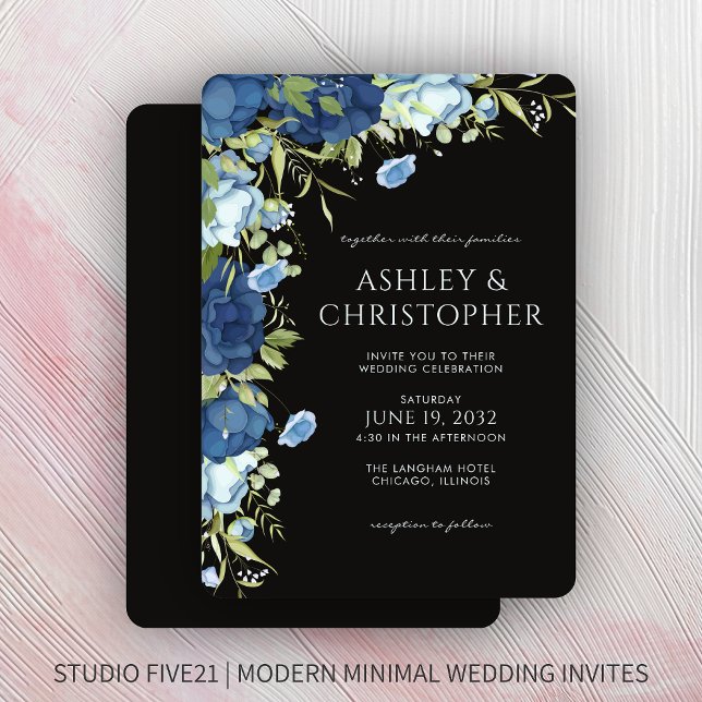 Invitation Élégant Mariage Floral Bleu (Créateur téléchargé)