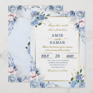 Invitation élégant mariage floral bleu
