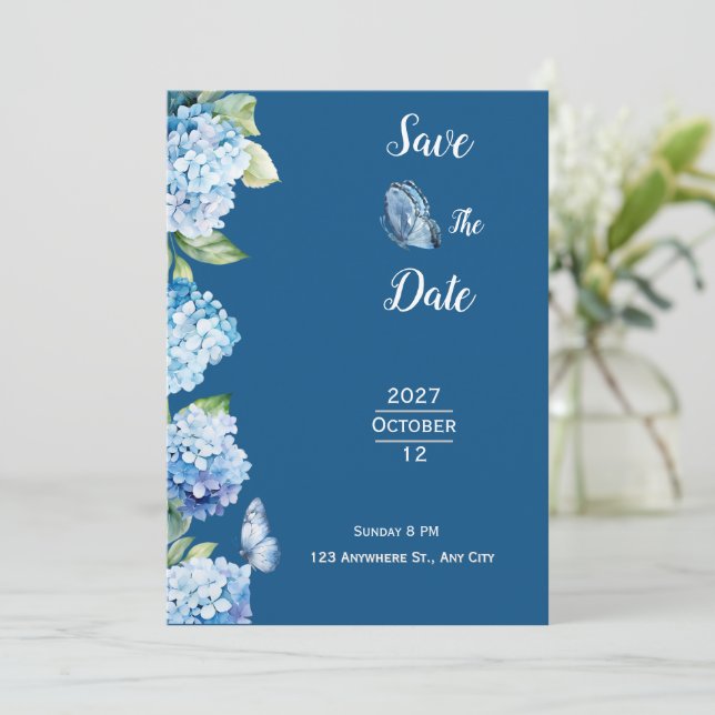 Invitation Élégant Mariage Floral Bleu (Debout devant)