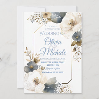 Invitation Elégant Mariage Floral Bleu Aquarelle Or Cadre