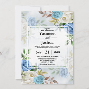 Invitation Élégant Mariage floral bleu & blanc Roses