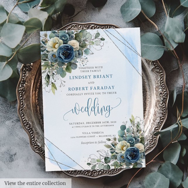 Invitation Elégant Mariage floral bleu bleu blanc argent (Elegant Navy Blue White Silver Floral Wedding Invite)