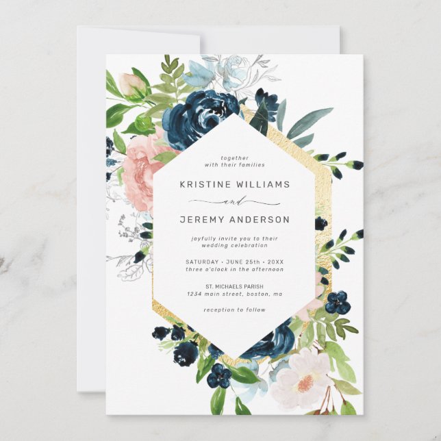 Invitation Élégant Mariage floral bleu bleu bleu rose rose (Devant)