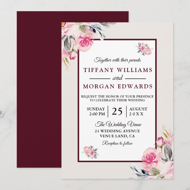 Invitation Élégant Mariage floral bleu bordeaux romantique (Devant / Derrière)