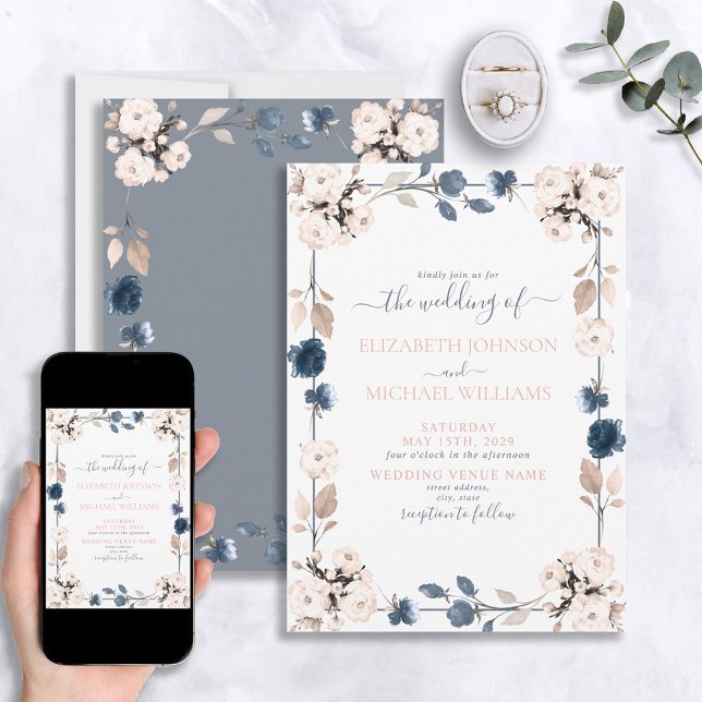 Invitation Élégant Mariage floral bleu clair et bleu clair (Créateur téléchargé)