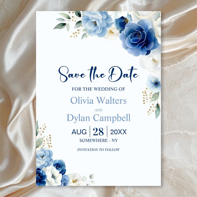 Invitation Elégant mariage floral bleu Enregistrer la date (Créateur téléchargé)