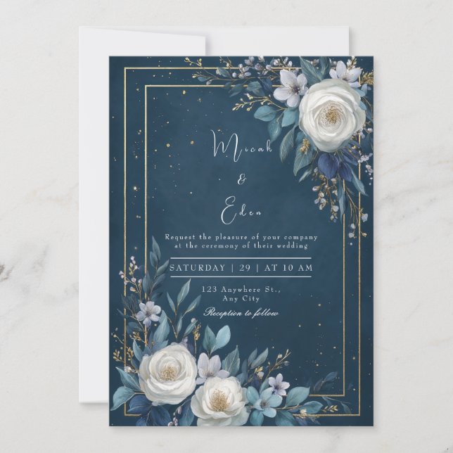 Invitation Elégant Mariage floral bleu marine (Devant)