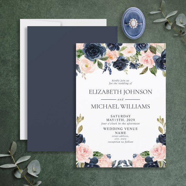 Invitation Elégant Mariage floral bleu marine (Créateur téléchargé)