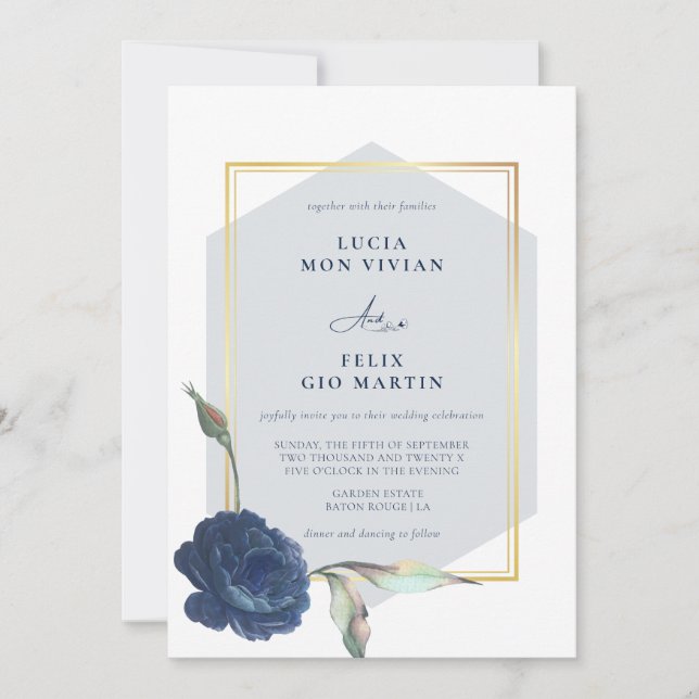 Invitation Elégant Mariage floral bleu marine (Devant)