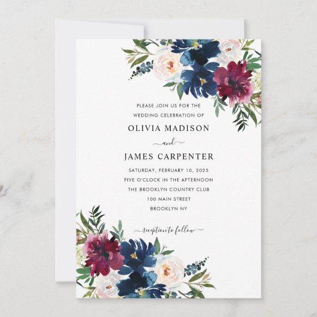 Invitation Élégant Mariage floral bleu marine de Bourgogne (Devant)