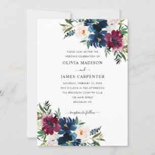 Invitation Élégant Mariage floral bleu marine de Bourgogne