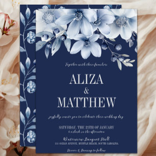 Invitation Elégant Mariage floral bleu marine et bleu clair
